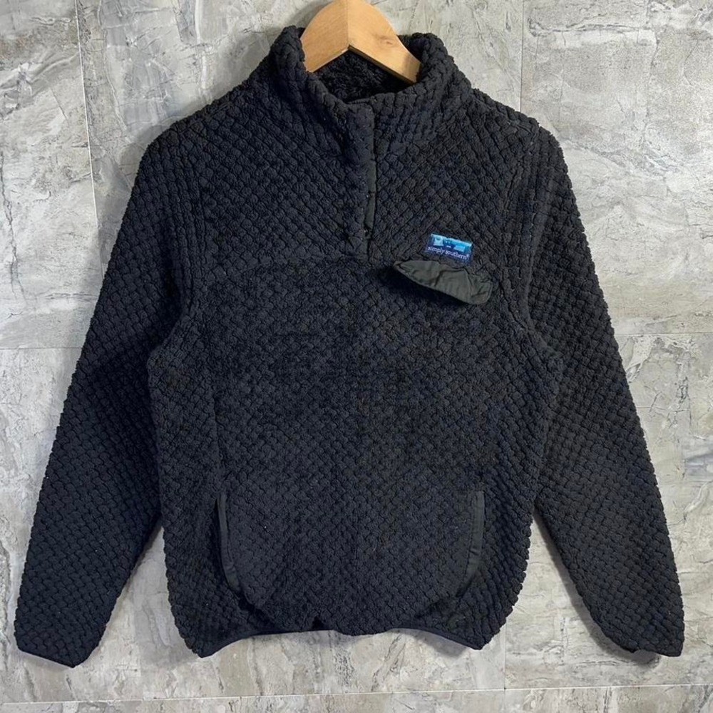 Simply Southern‎ Women's Pullover Sweatshirt Fuzzy Teddy Bear Black Mock Neck M